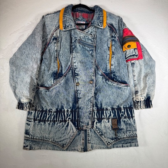 Vintage Current Seen‎ 80s Acid Wash Denim Jacket Plaid Lining Size M - Picture 2 of 11